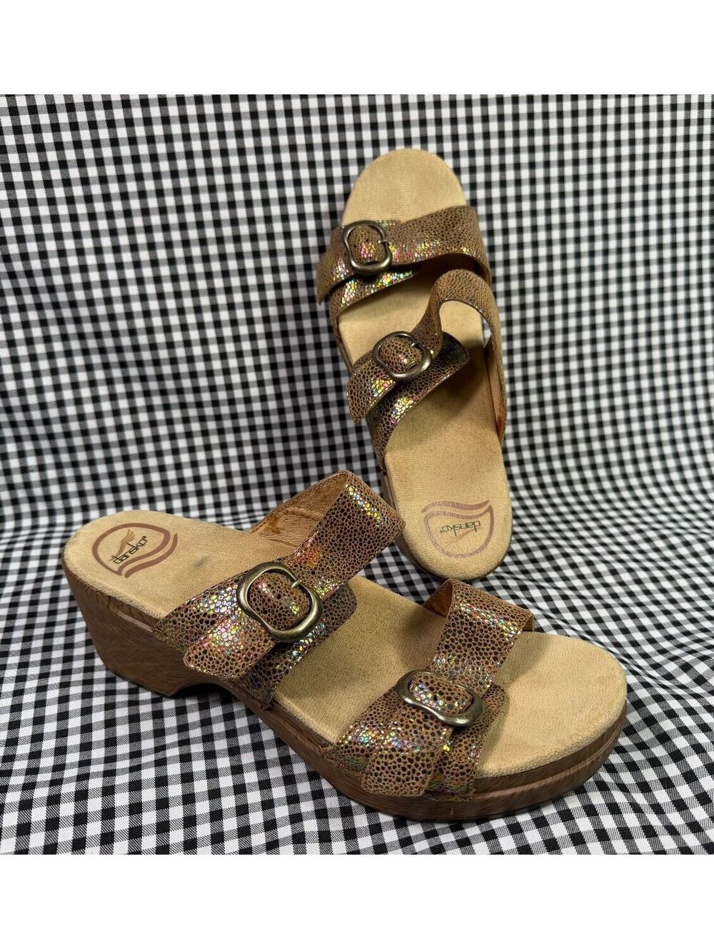 Dansko Sophie Sandals Womens 40 Brown Iridescent Leather Buckle Comfort Slides